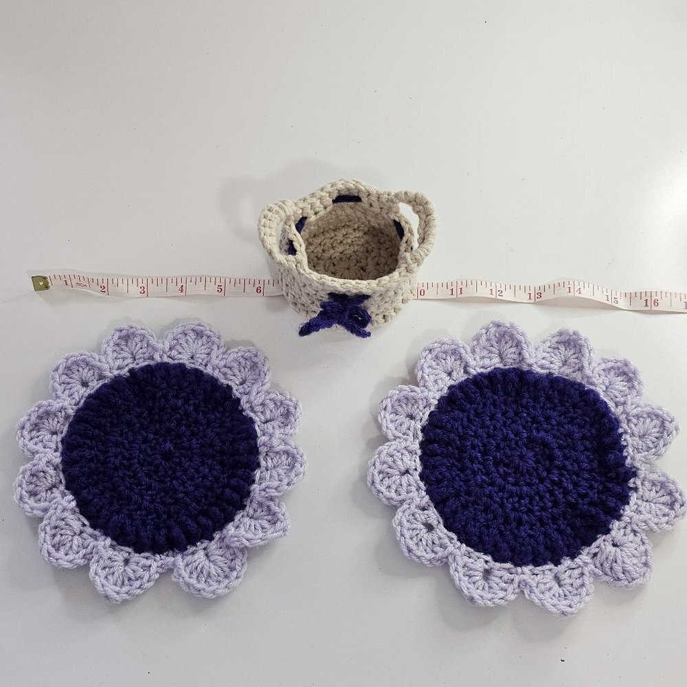 Crochet Purple Flower Coasters with Basket -NEW